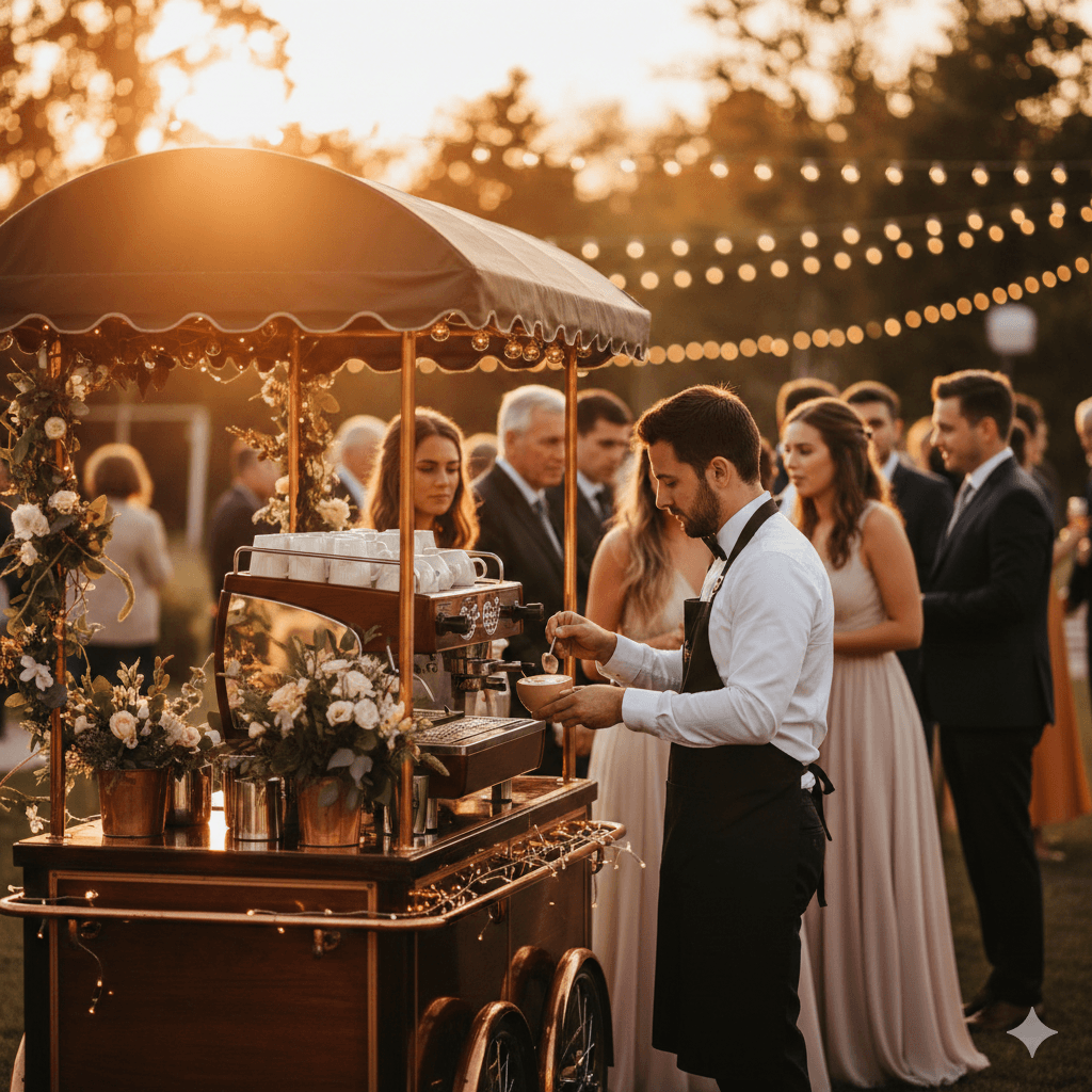 Boda al atardecer con barra de café